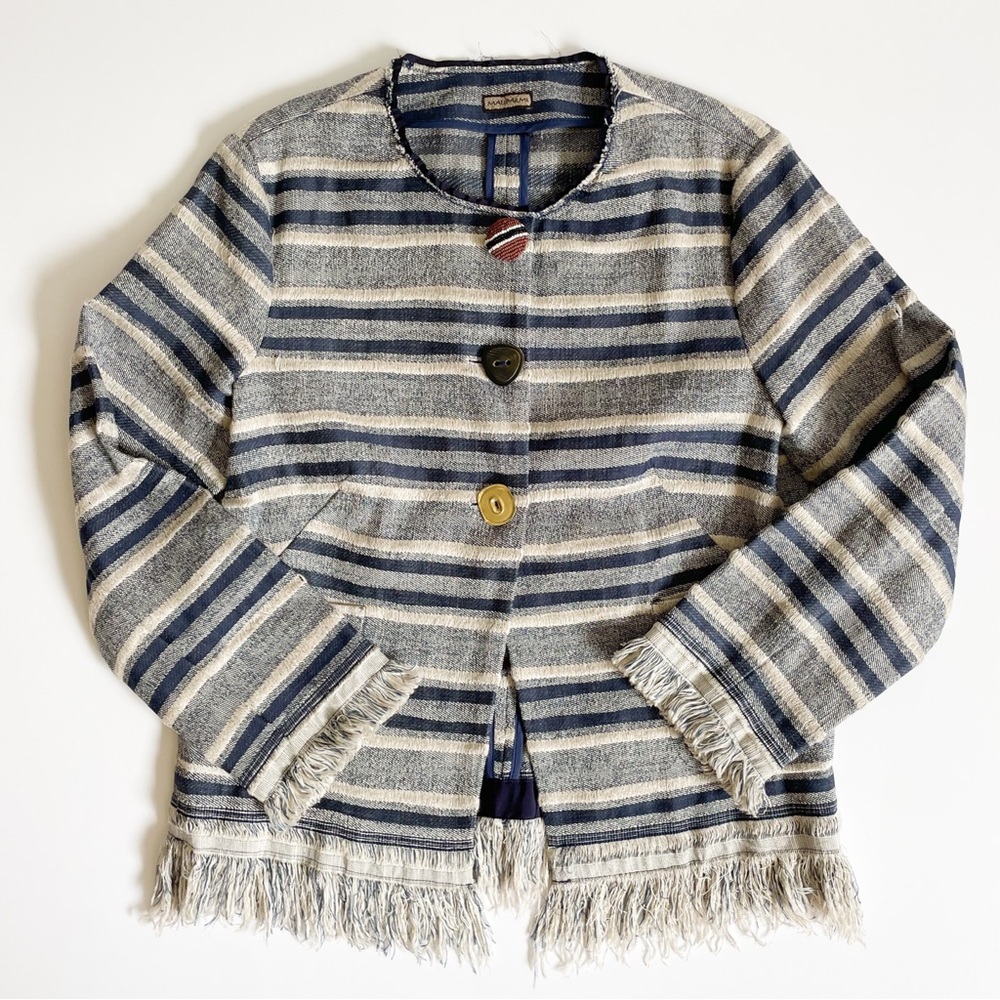 Maliparmi Striped Fringe Embroidered Beaded Blazer Jacket - Navy Blue & Cream